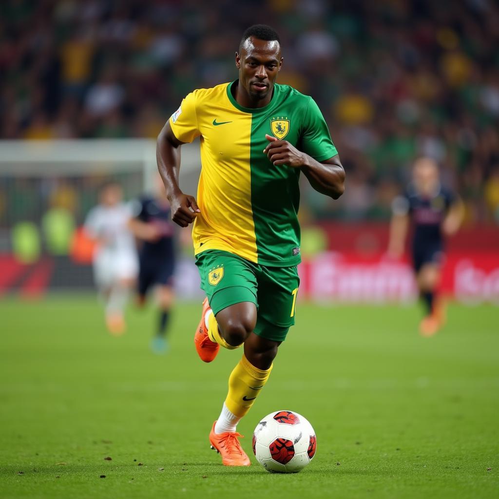 Usain Bolt sprinting with a football