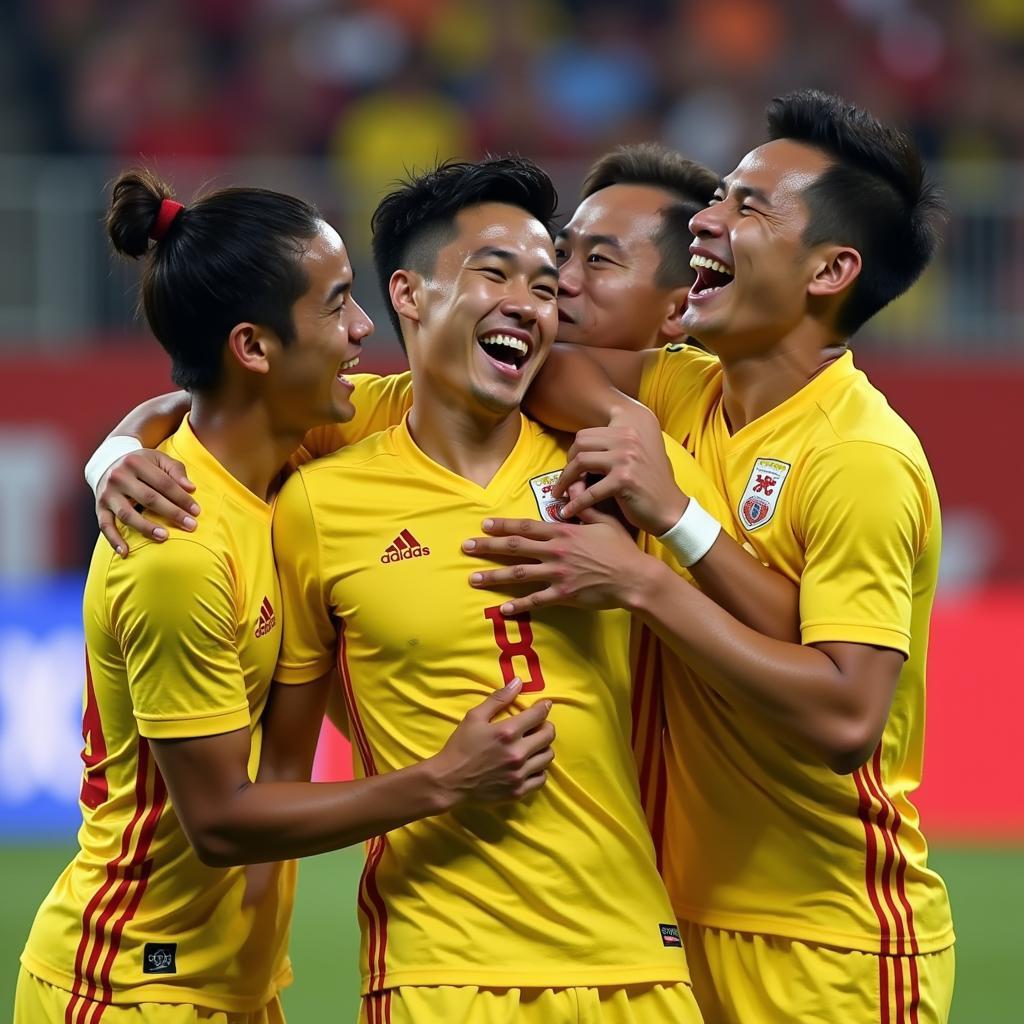 Van Quyet celebrating a goal with his teammates, showcasing camaraderie and team spirit