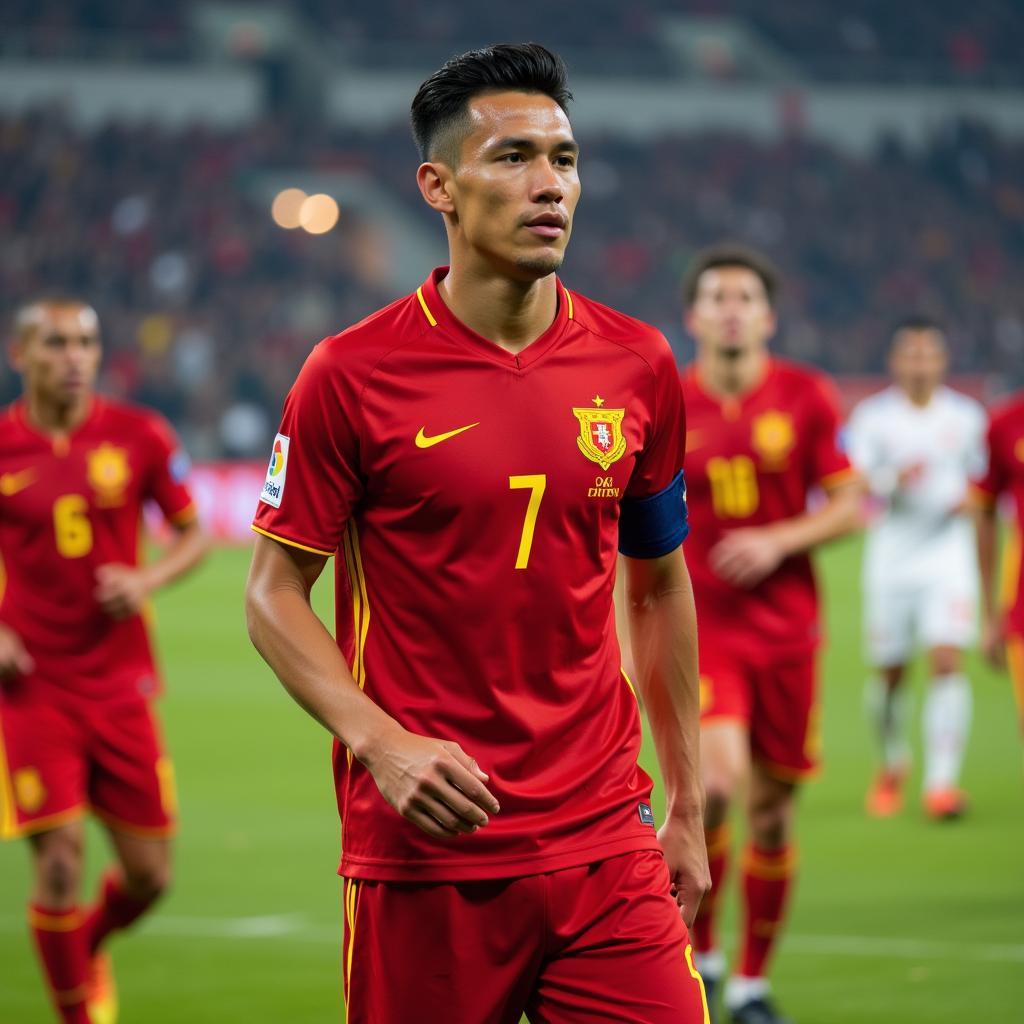 Van Quyet, captain of Hanoi FC, leading his team onto the field.