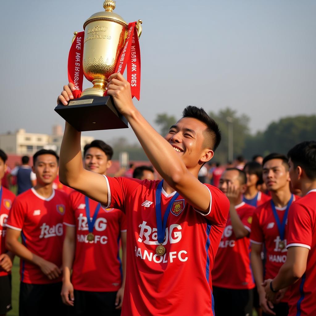 Van Quyet lifting a trophy with Hanoi FC.