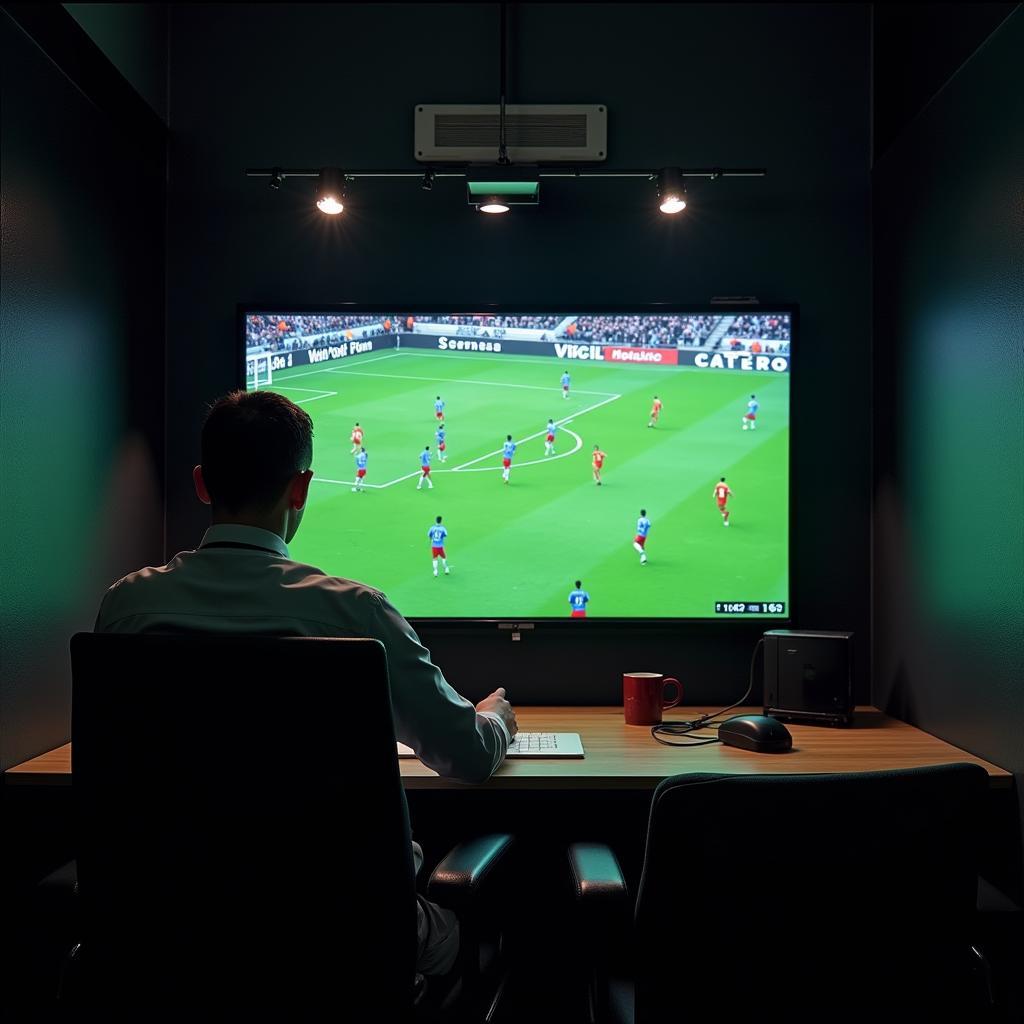 Image depicting a VAR referee reviewing an offside call on a monitor