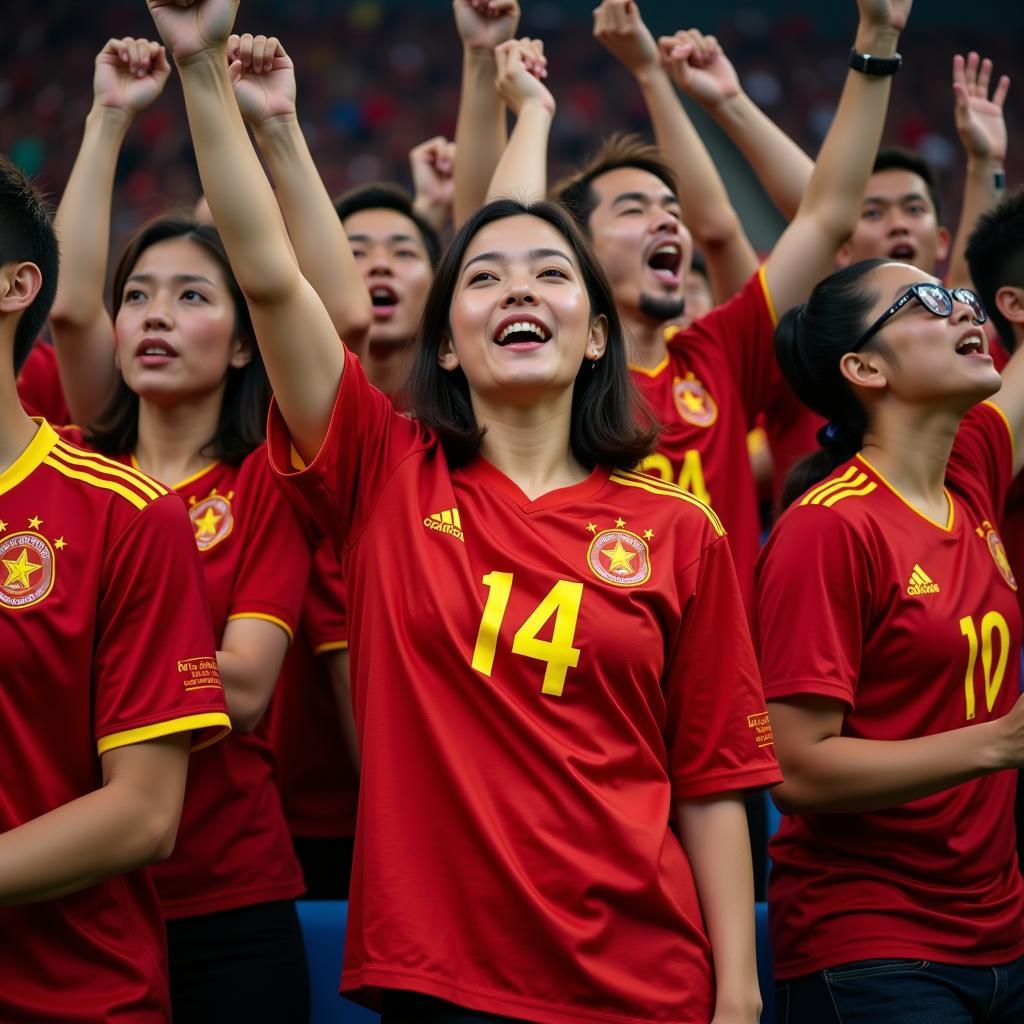 Vietnamese football fans celebrating with jerseys