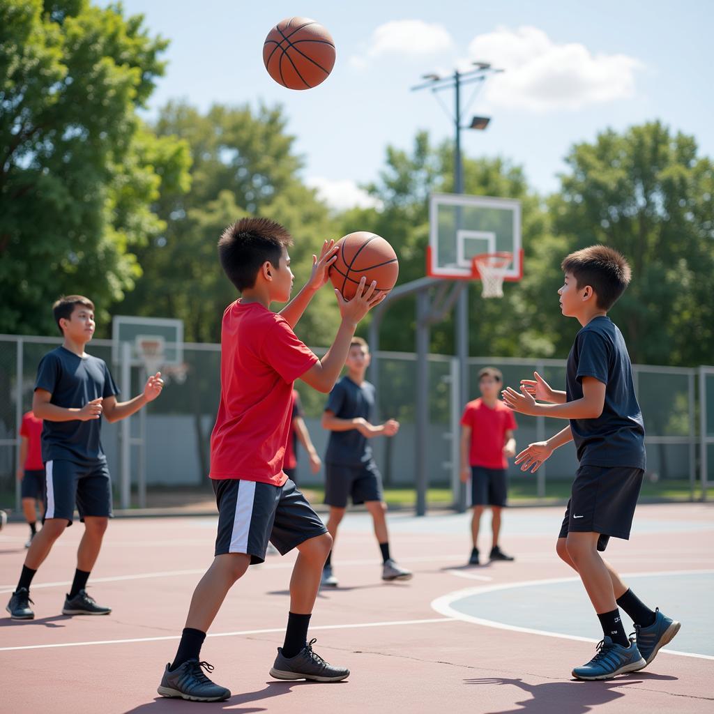 Young Vietnamese-American basketball players practicing their skills during a training session.