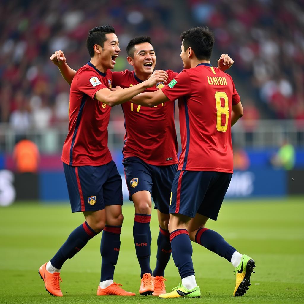 Vietnamese football players celebrating a key moment