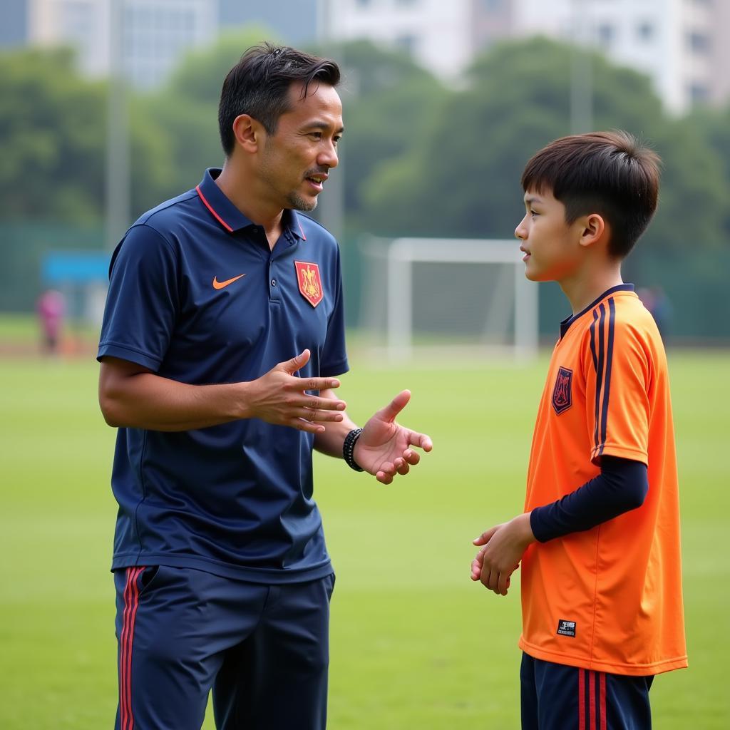 Vietnamese Football Coach Mentoring a Young Player