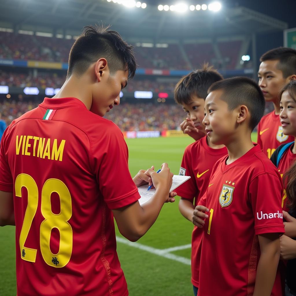 Vietnamese Football Player Number 28 Signing Autograph