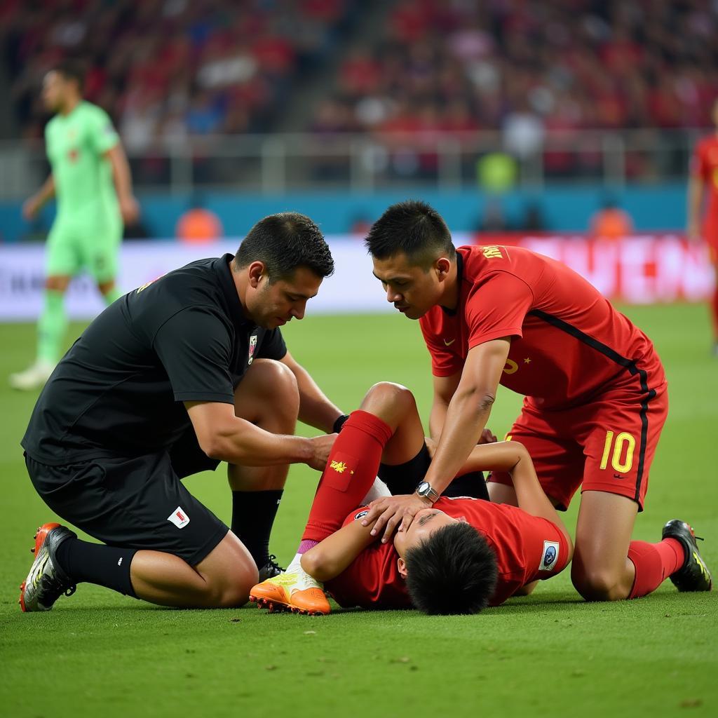 Vietnamese football player receiving treatment for an injury on the field