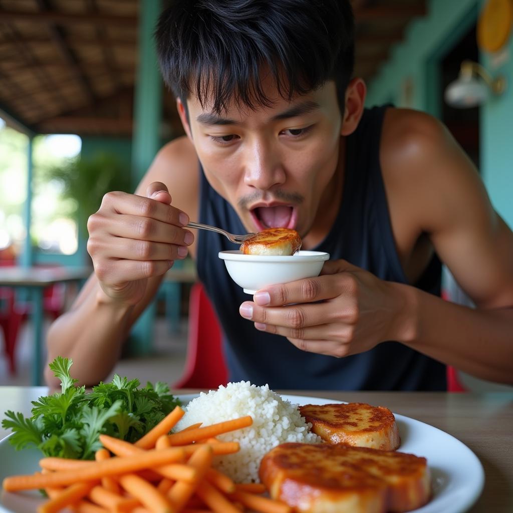 Vietnamese football player enjoying a healthy meal