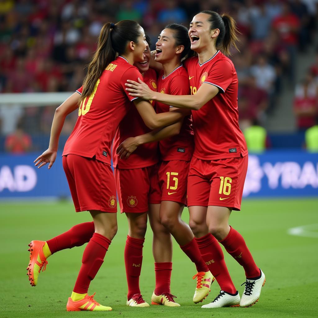 Vietnamese football team celebrating a goal