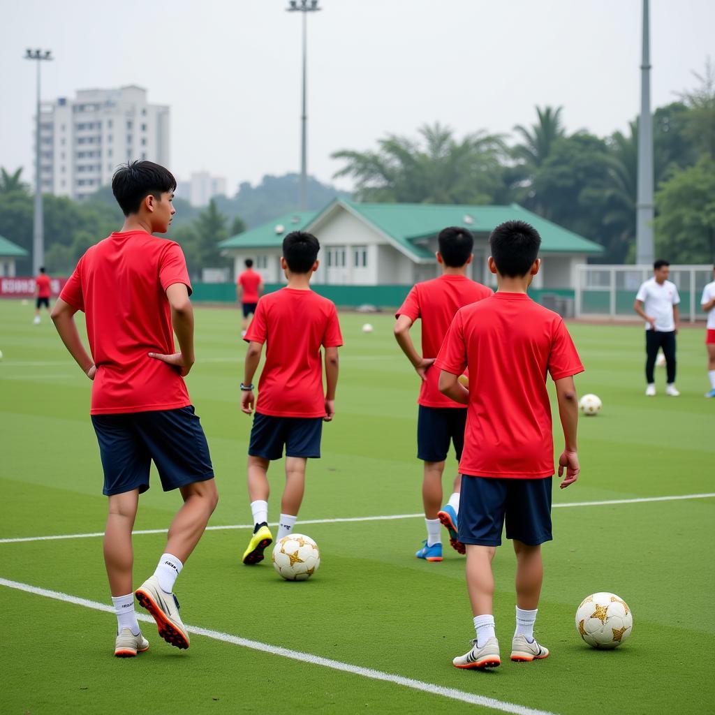 Young Vietnamese footballers training at a football academy