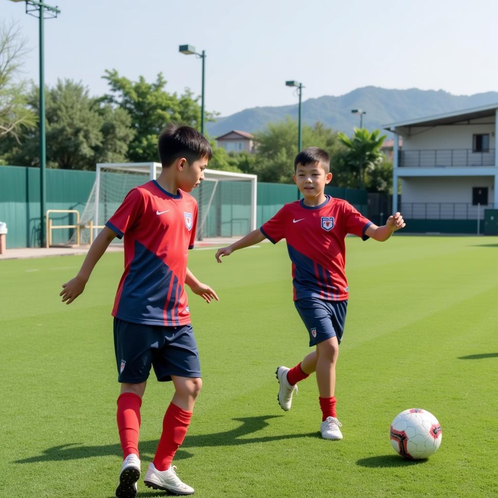 Vietnamese youth football players training at an academy