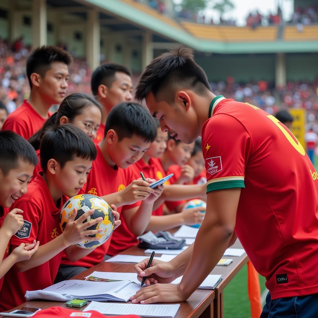 Vietnamese Footballer Signing Autographs for Fans