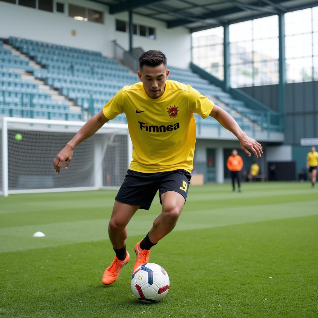 Vietnamese footballer training in a foreign country