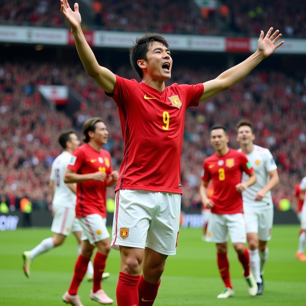 Vietnamese-Japanese Footballer Celebrating a Goal