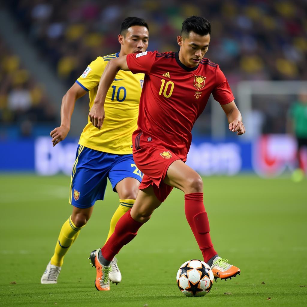 Vietnamese football player dribbling the ball past an opponent