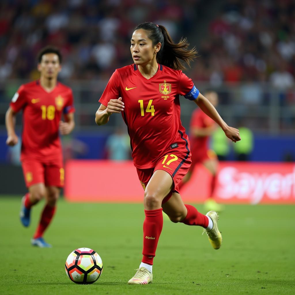 Vietnamese Player Number 14 in Action: A dynamic image showcasing a player wearing the number 14 jersey during a crucial moment in a Vietnamese football match.