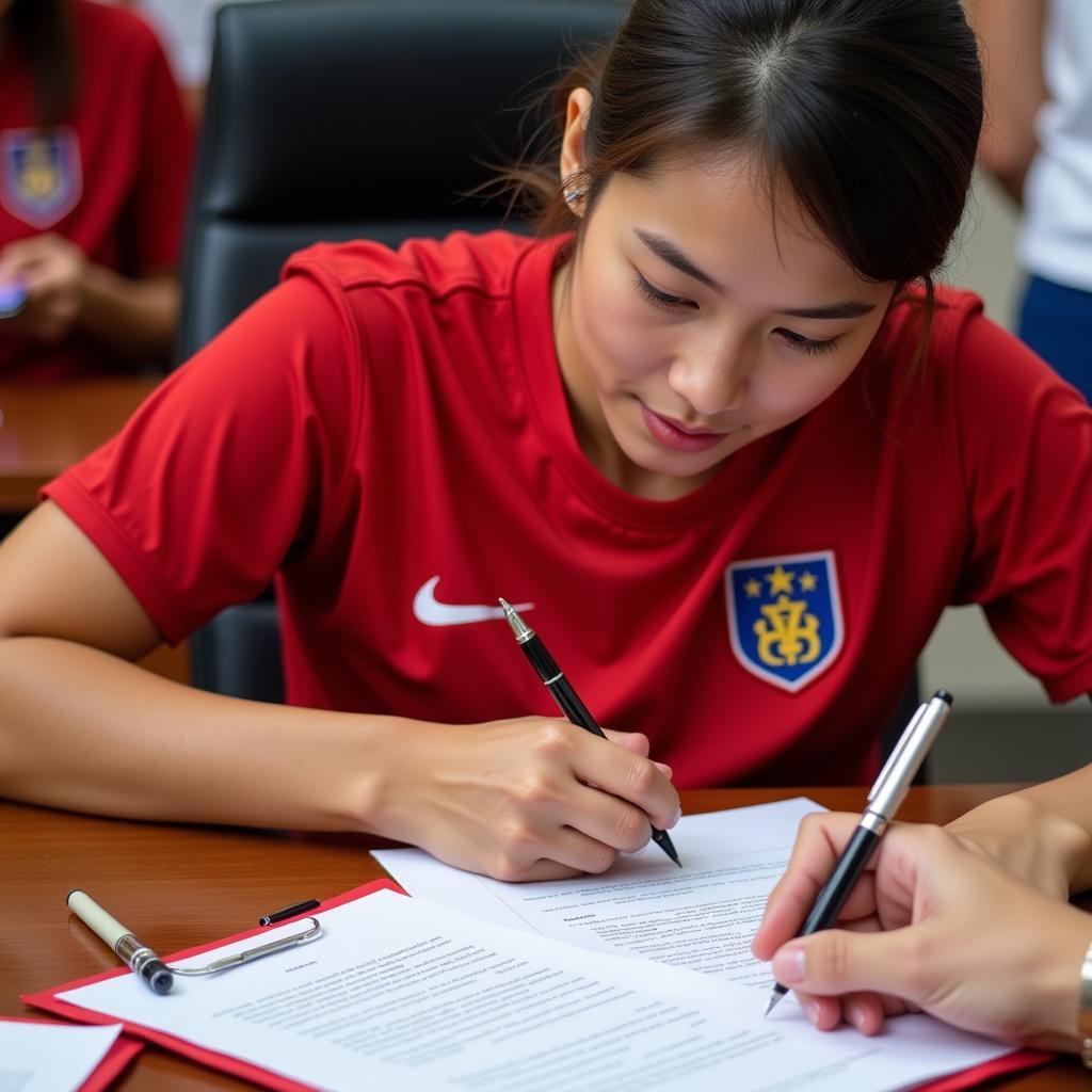 Vietnamese Women's Football Player Signing a Contract