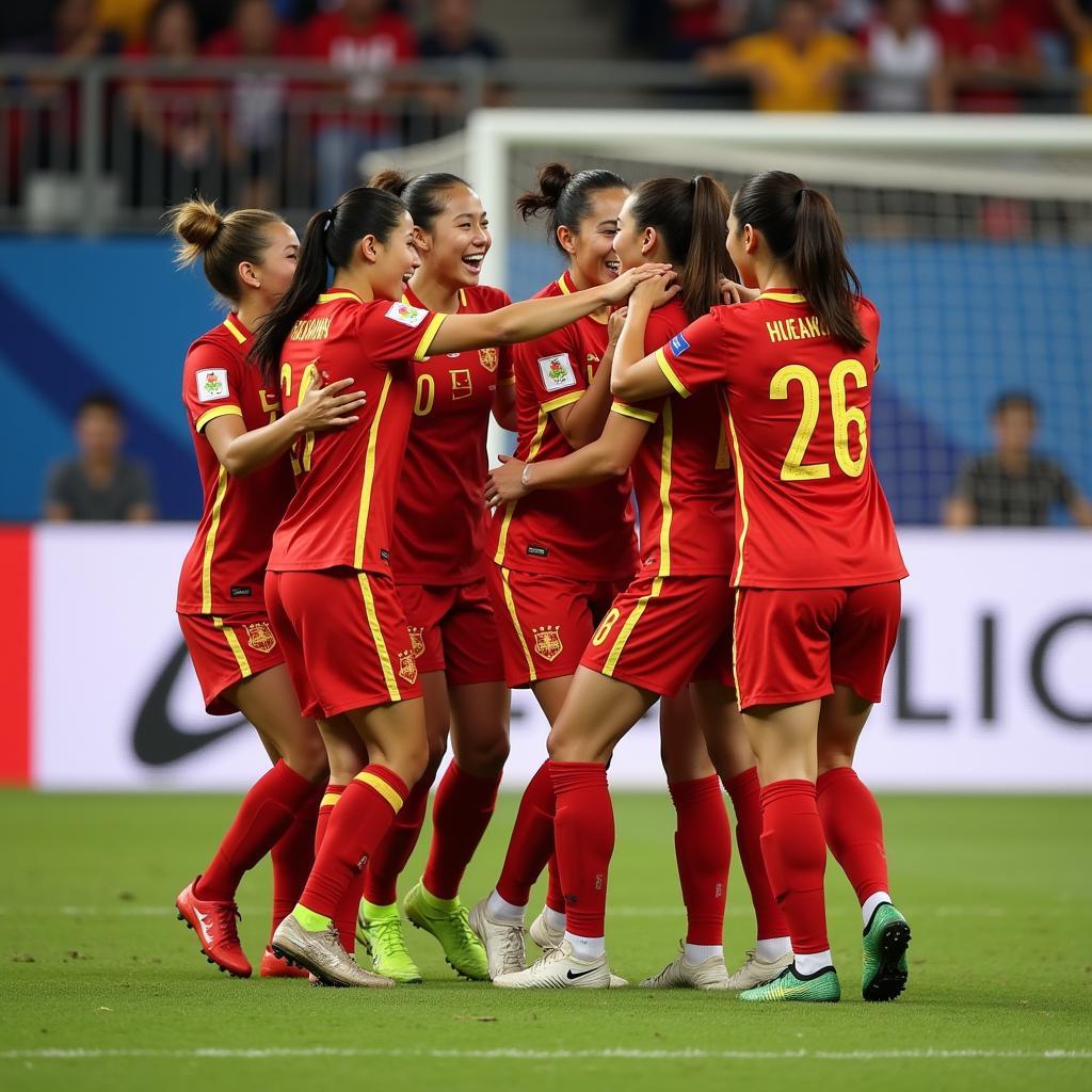 Vietnamese Women's Football Team Celebrating a Goal