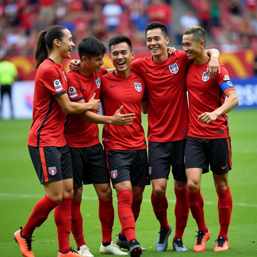 Vu Van Thanh celebrating a victory with his teammates, symbolizing his bright future in football.