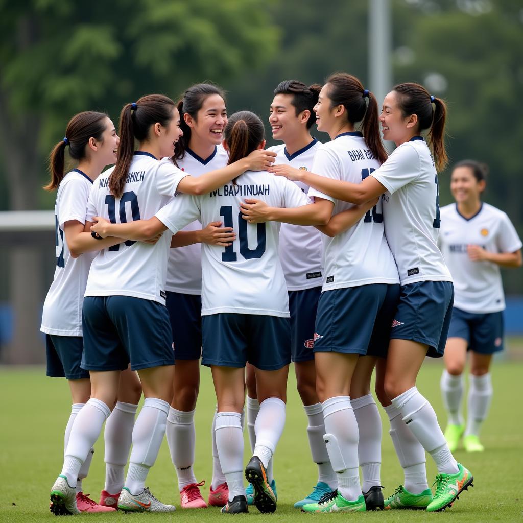 Vu Xuan Du celebrating a goal with his Tay Thanh High School teammates