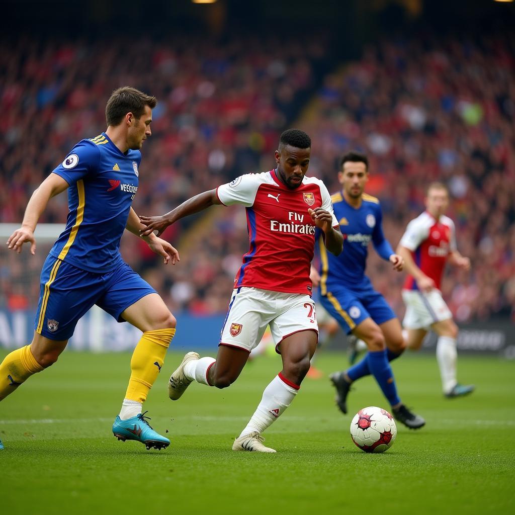 A football player dribbling the ball in a packed stadium, showcasing the excitement and intensity of a live match.