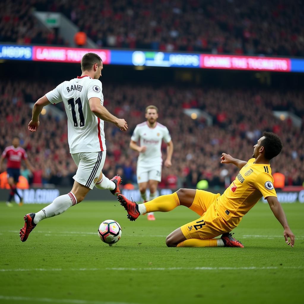 White shirt striker scores a crucial goal in a packed stadium.