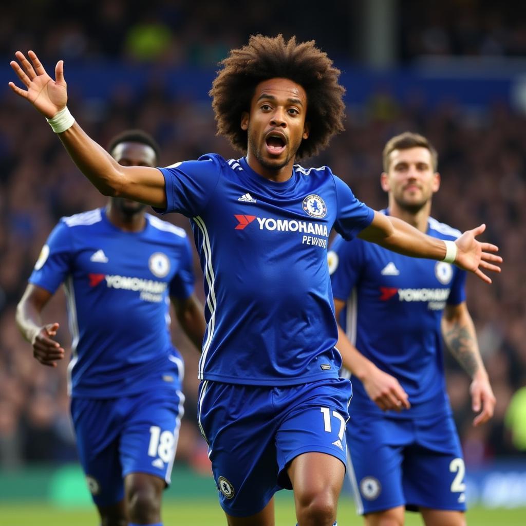 Willian celebrating a goal with teammates