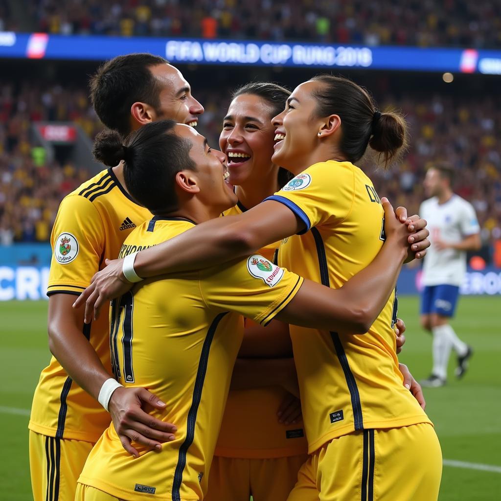 Players celebrating a goal at the World Cup 2018