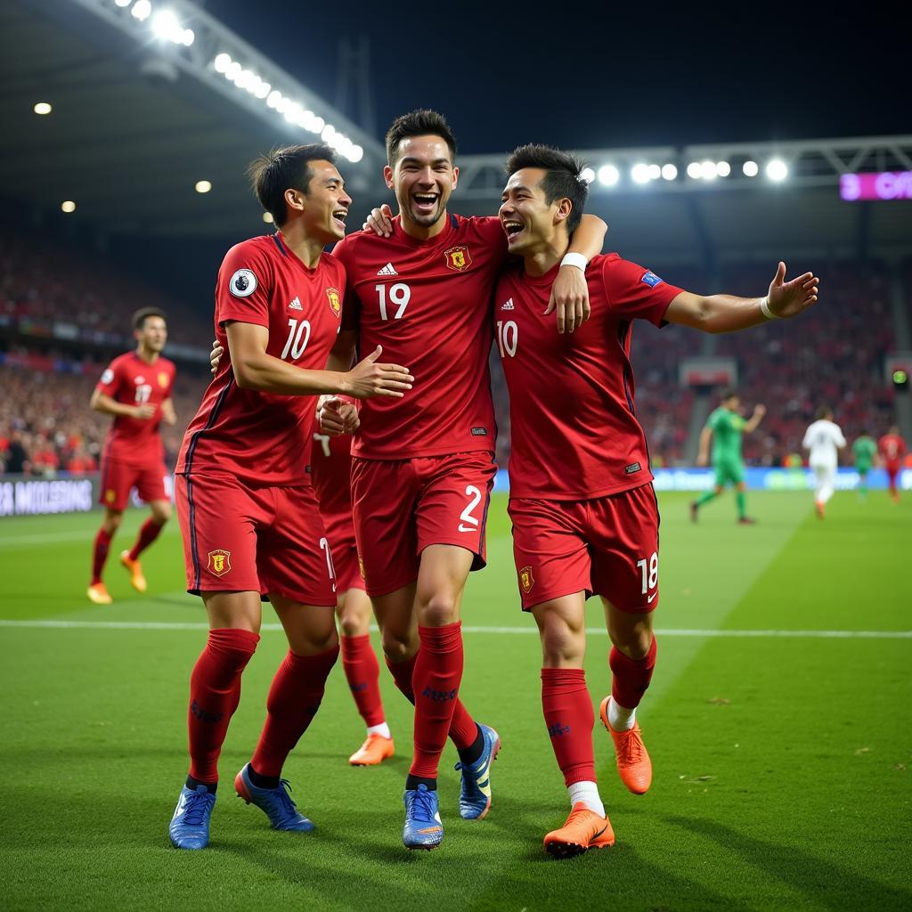 Xuan Truong celebrates a crucial goal with his teammates, showcasing the joy and camaraderie of football.