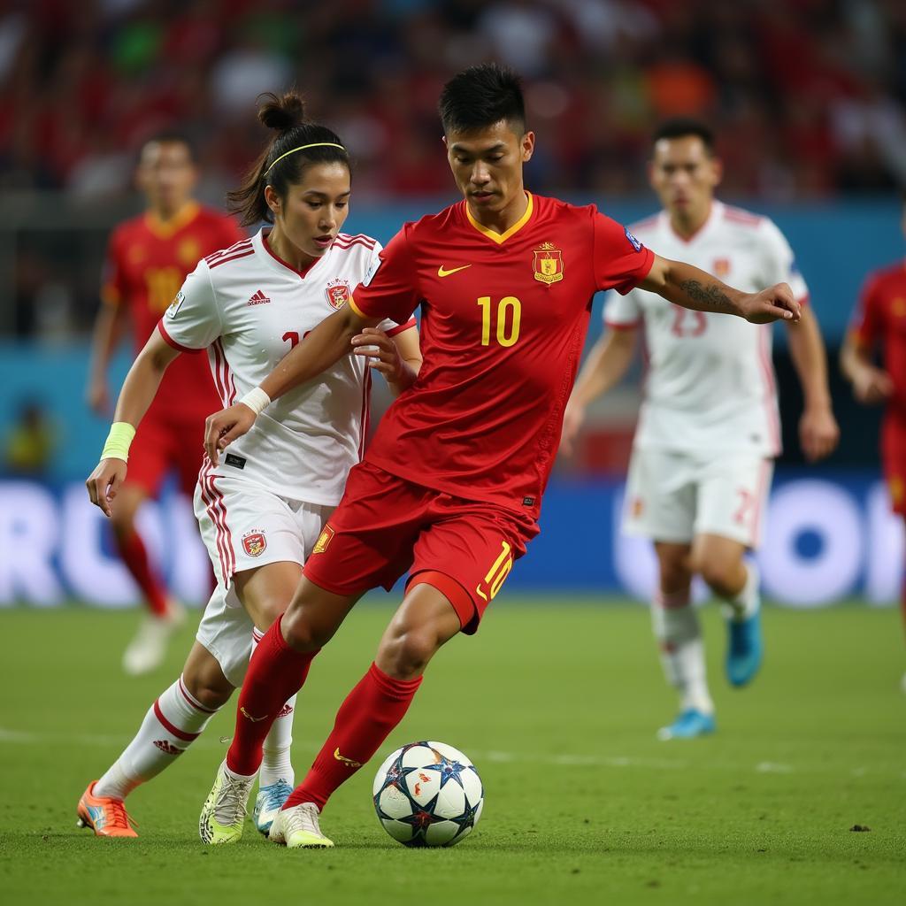 Xuân Trường skillfully controlling the ball during a match for the Vietnamese national team.