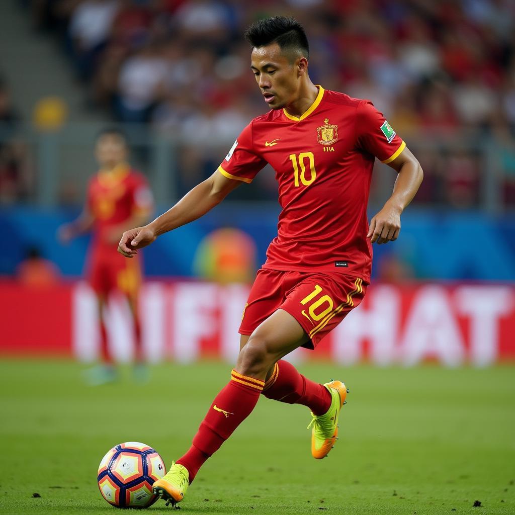 Xuân Trường prepares to take a free-kick for his team.