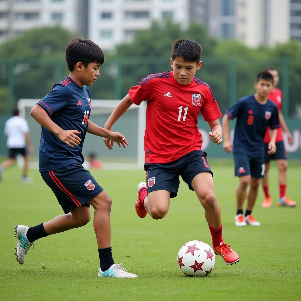 Young Asian footballers practice their skills on a training ground.