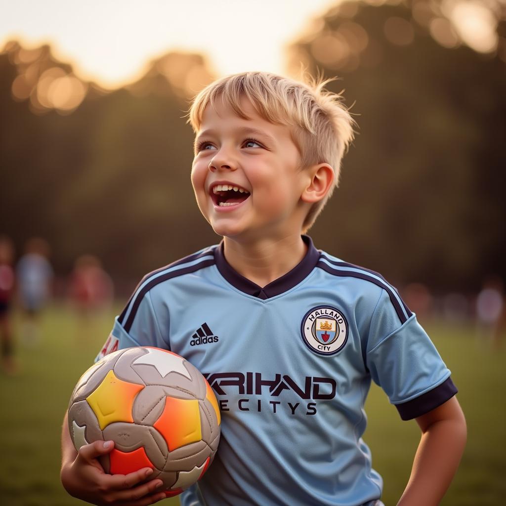 A young fan proudly wearing a Haaland City jersey, smiling and holding a football.