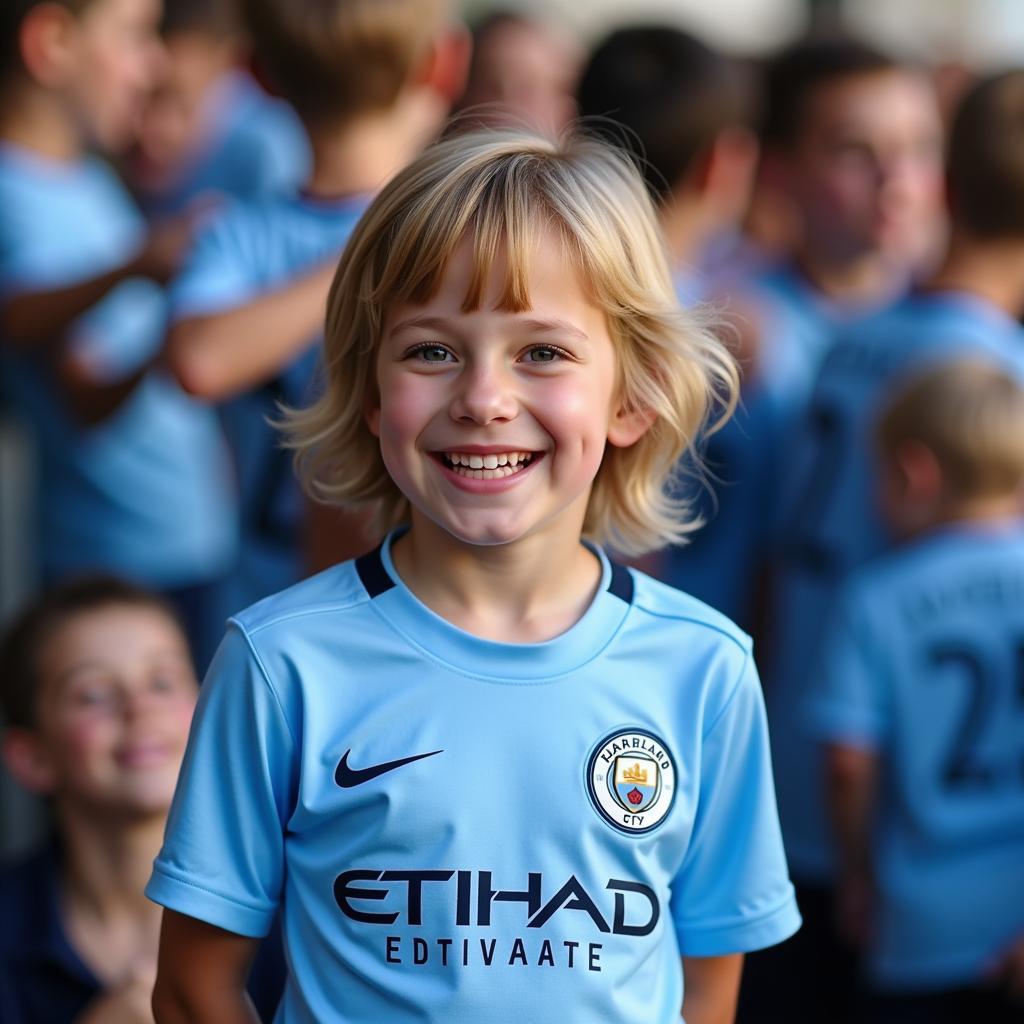 Young fan proudly wearing a Haaland Man City jersey