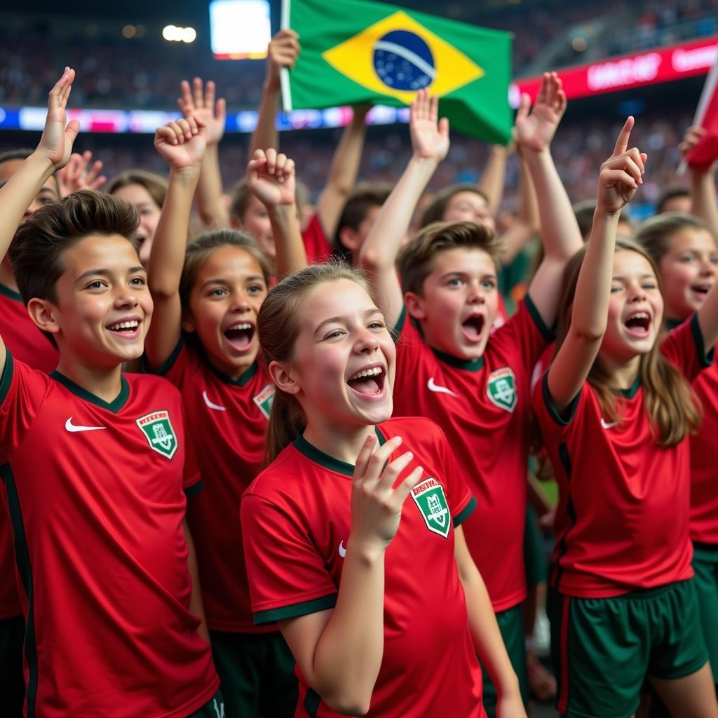 Young football fans cheering with smiles