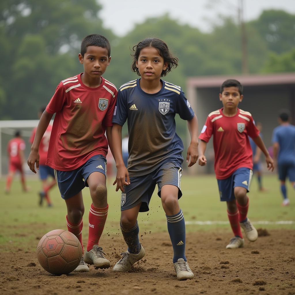 Young football players training on a muddy field