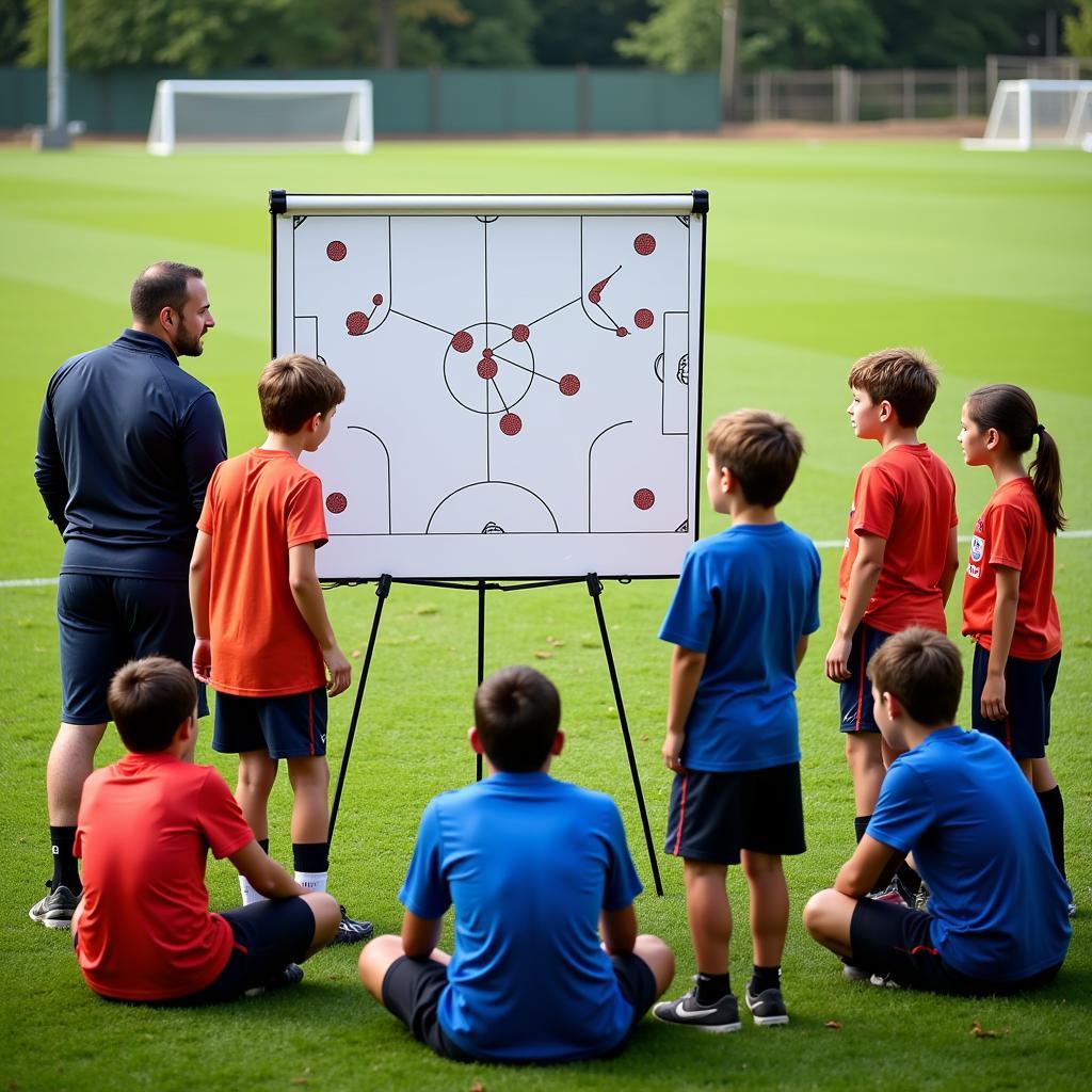 Young football team discussing tactics with their coach