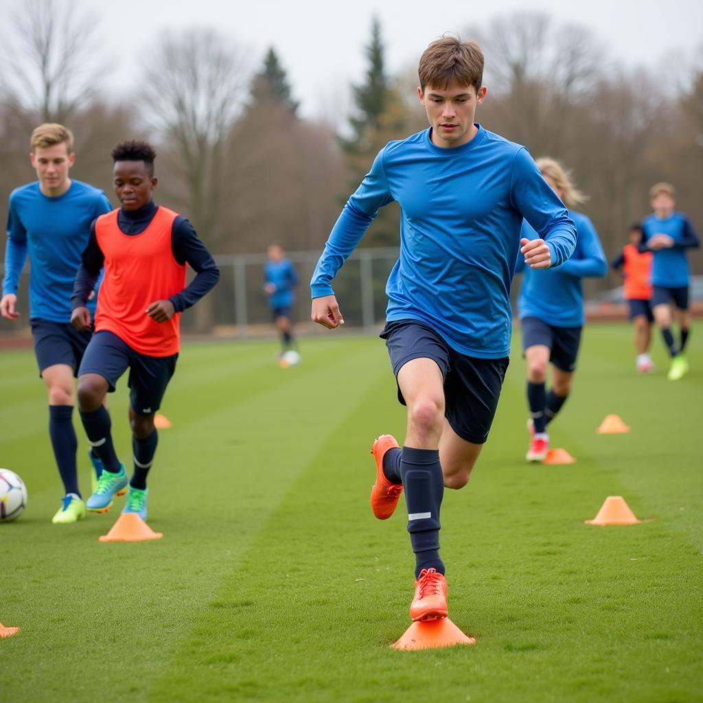 Young footballers performing fitness drills