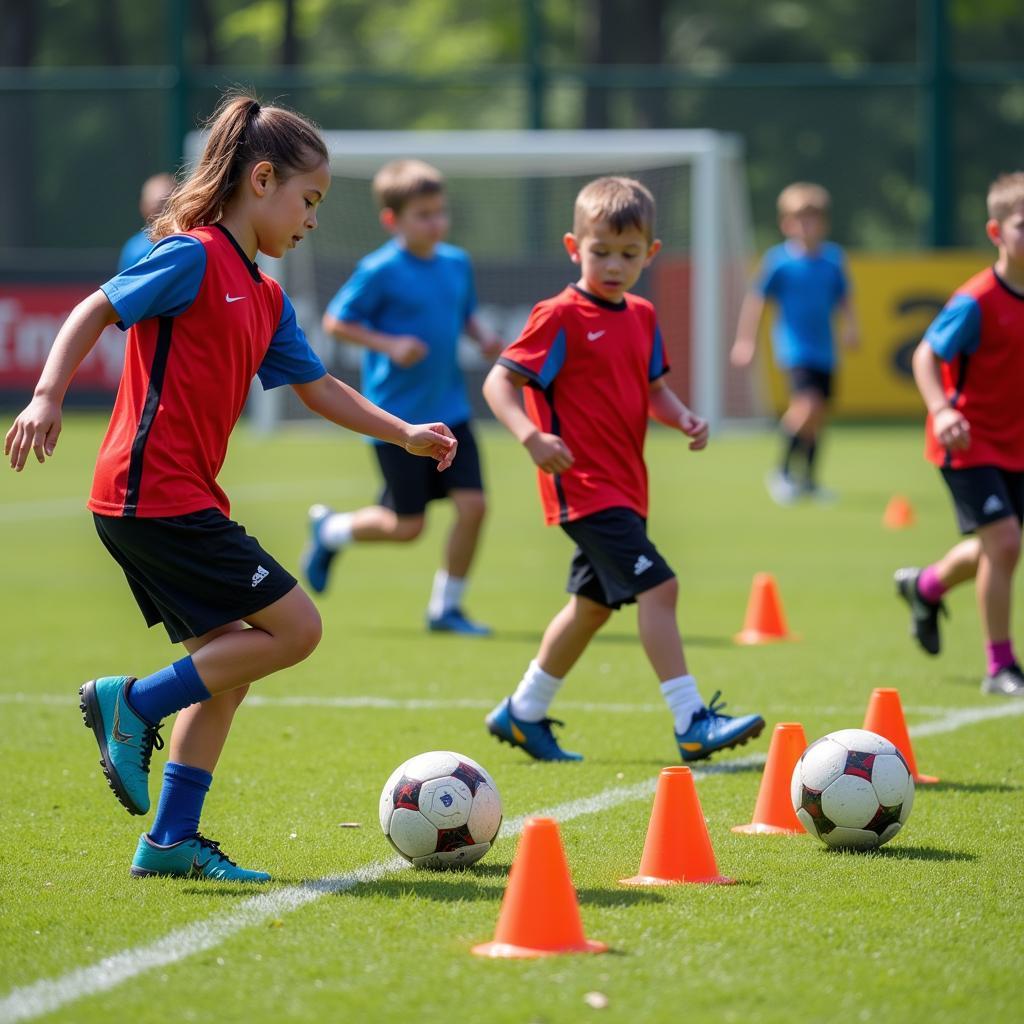 Young Players Practicing Dribbling Skills in Training