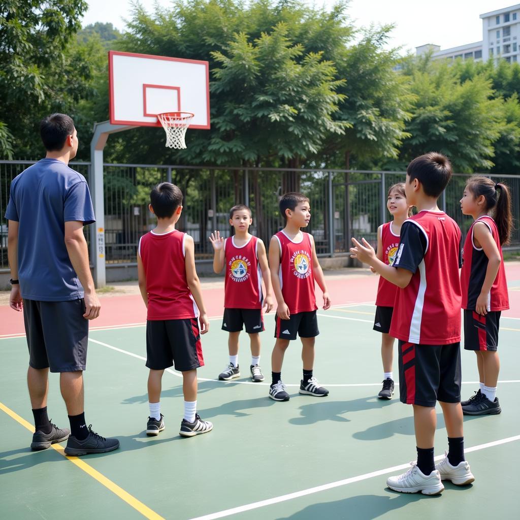 Young Vietnamese basketball players practicing drills