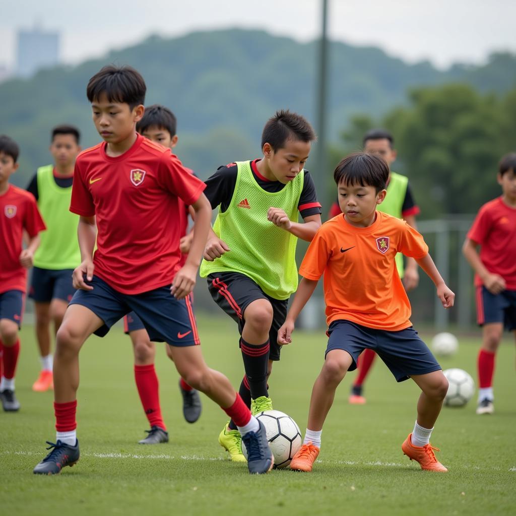 Young Vietnamese Football Players Training Hard