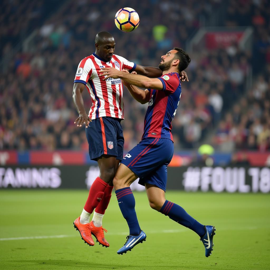 A 1m70 footballer competing for a header against a taller opponent.