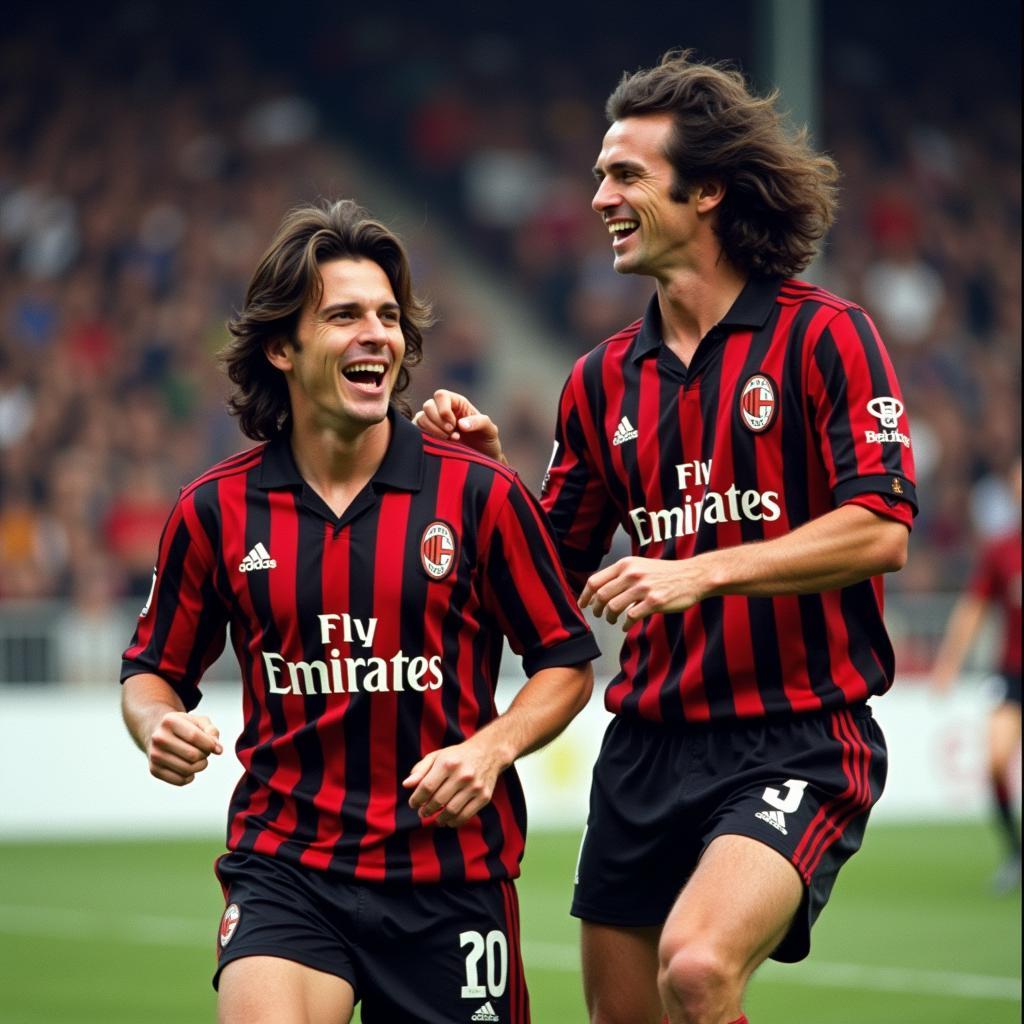 AC Milan legends Paolo Maldini and Franco Baresi celebrating a victory