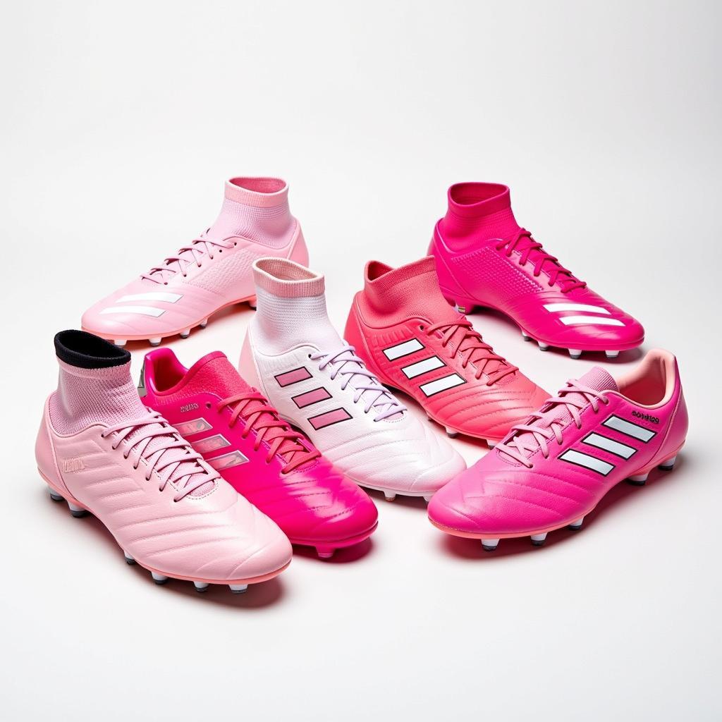 Different shades of pink Adidas Predator football boots displayed on a white background