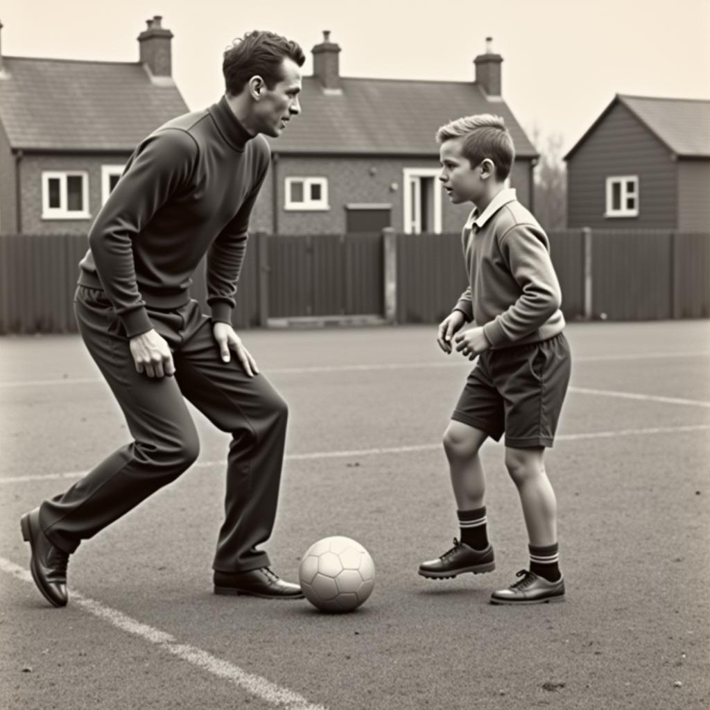 Alfie Haaland coaching a young Erling Haaland in football.