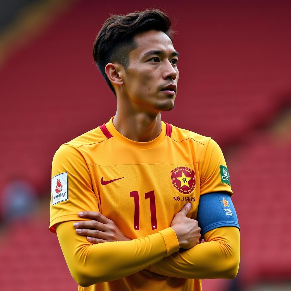 Anh Duc captains the Vietnam national team in a crucial match.