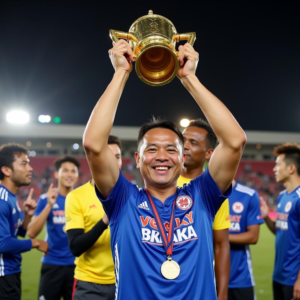 Anh Duc lifts a trophy after winning the V.League with Becamex Binh Duong