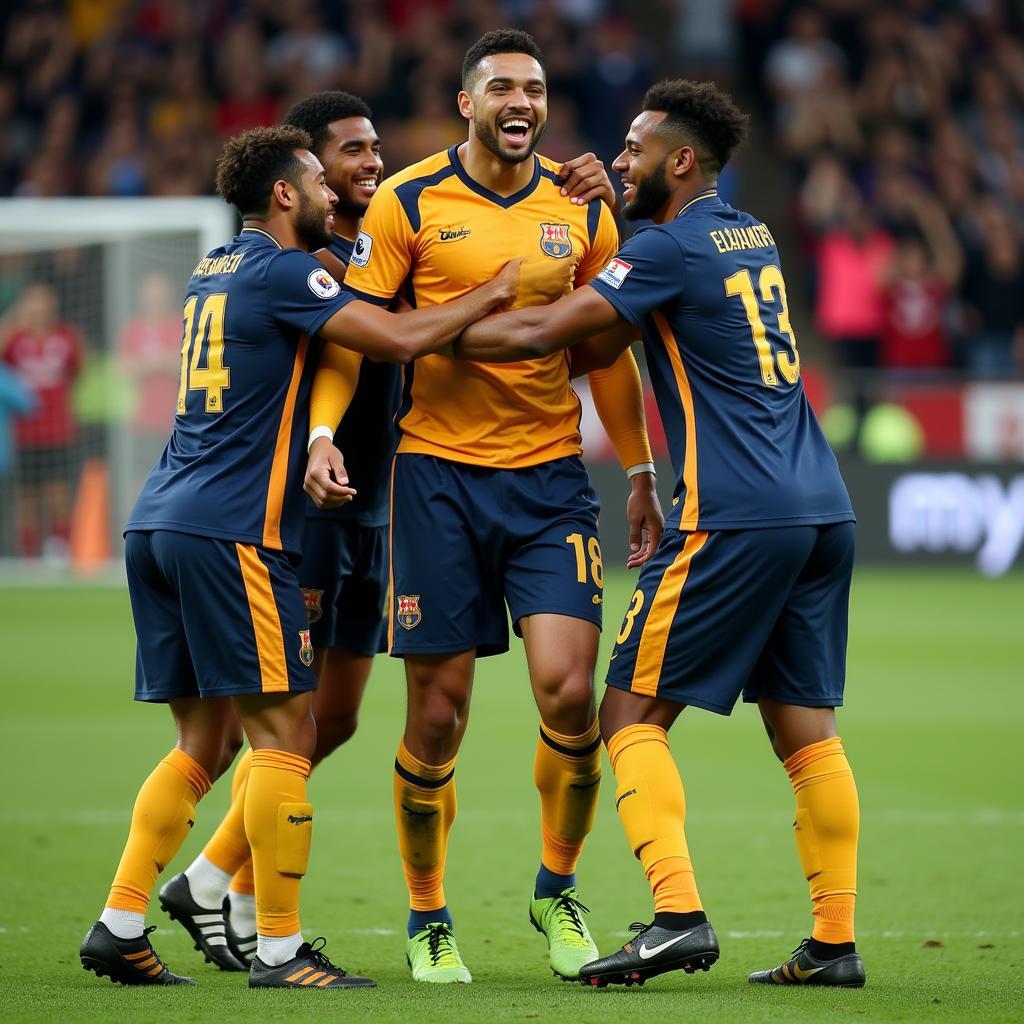 ArchArul celebrating a crucial goal with teammates, showcasing their passion for the game.