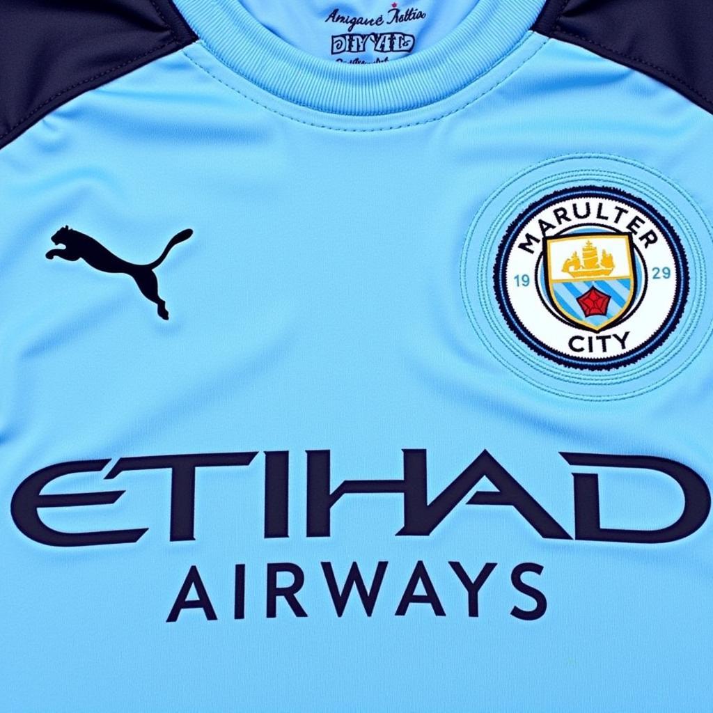 Close-up view of an authentic Haaland Man City youth jersey showcasing its details