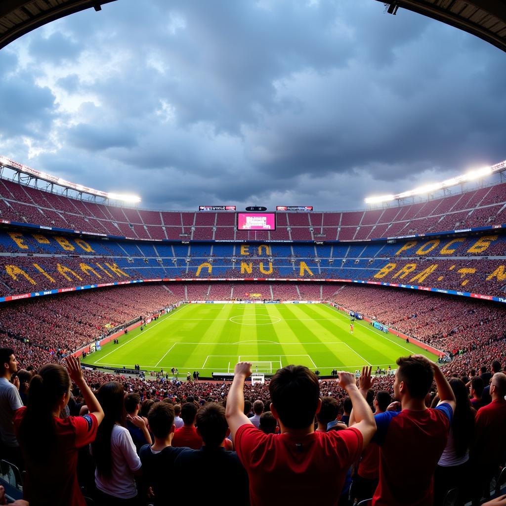 Barca fans cheering at Camp Nou during a match